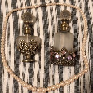 Perfume 2 31/2” high empty bottles & necklace
